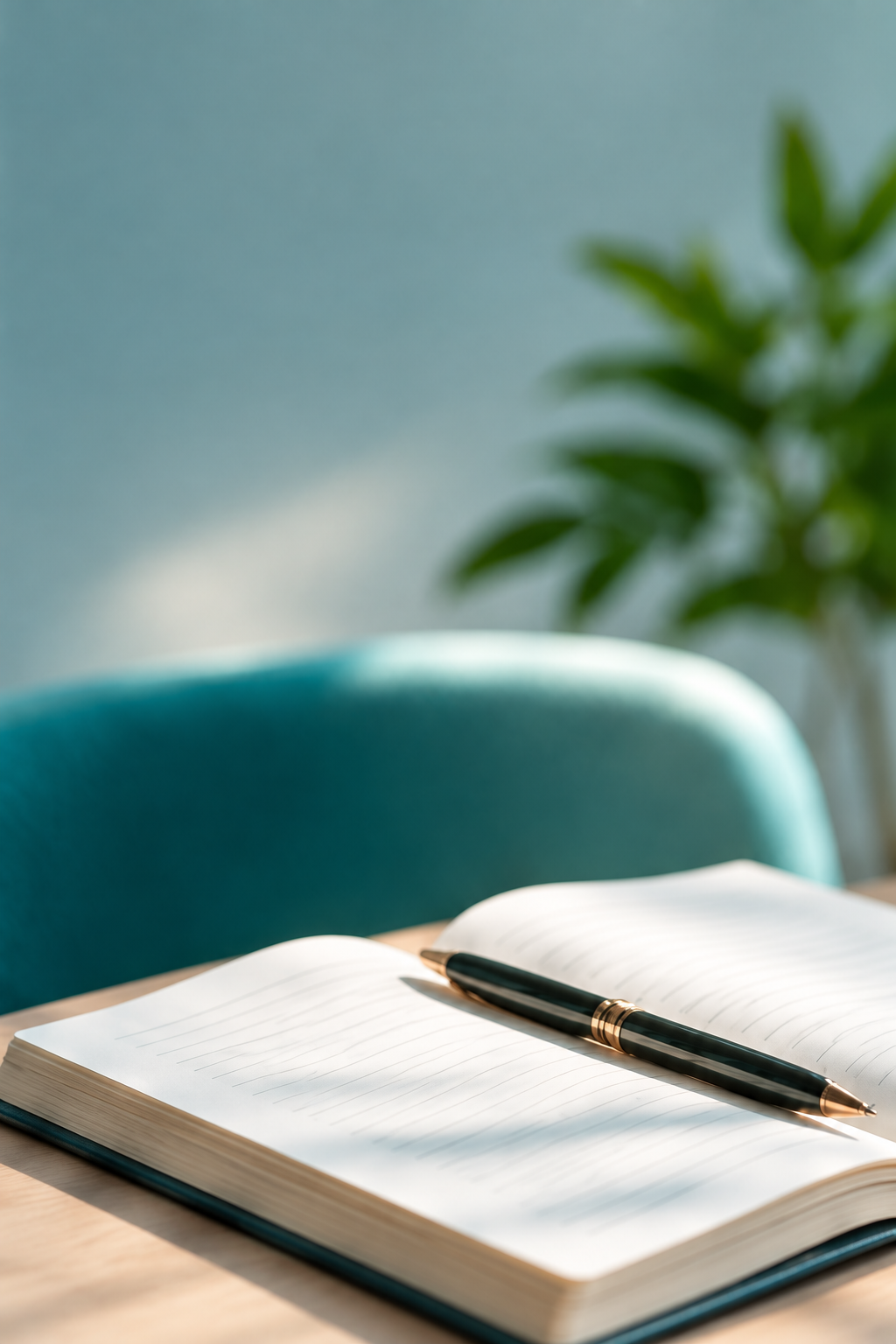 Open notebook journal with fountain pen on desk
